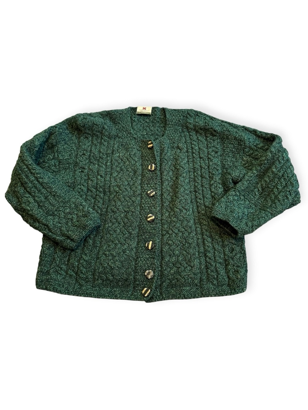 Carraig Donn Cardigan Womens SM Green Pure New Wool Cable Knit Ireland Fisherman